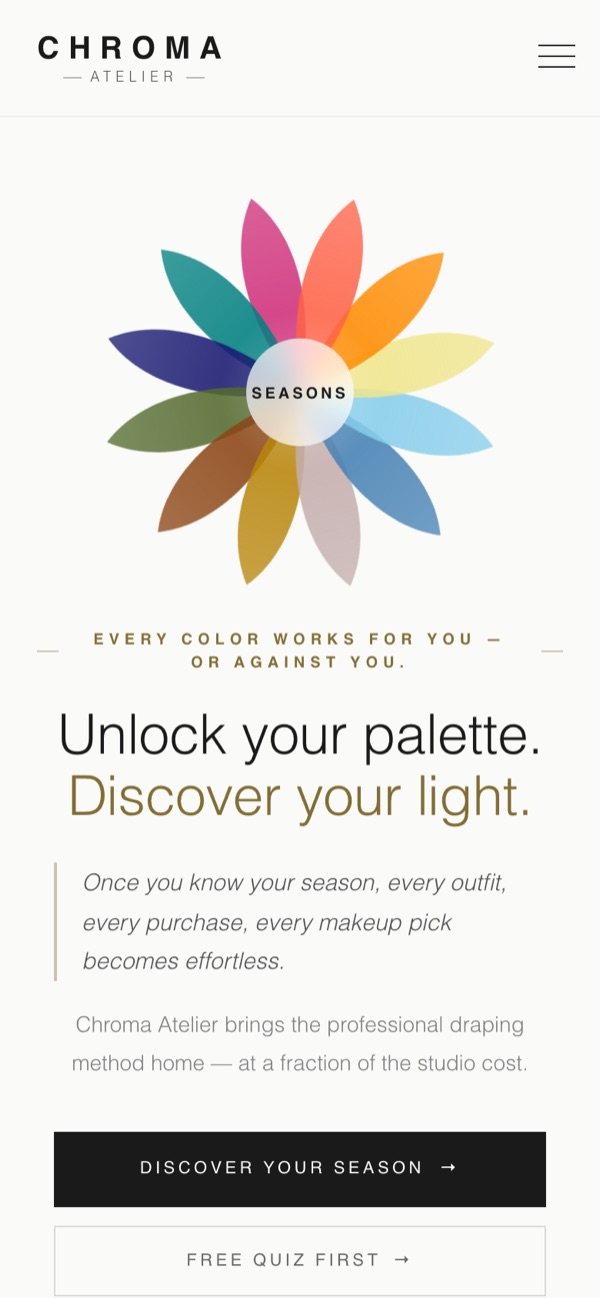 The Chroma Atelier homepage on a phone, with the twelve-petal season wheel above the headline