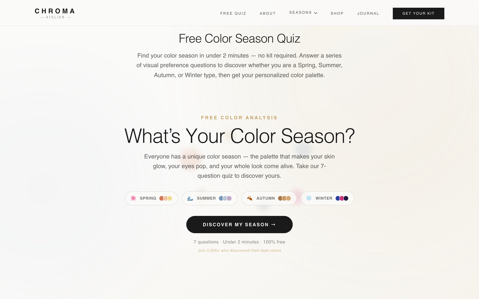 Free colour season quiz landing page with season chips and a Discover My Season button