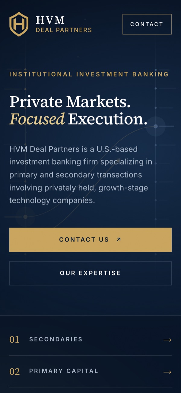 HVM Deal Partners homepage on a phone, with the serif headline, gold Contact Us button and numbered service list