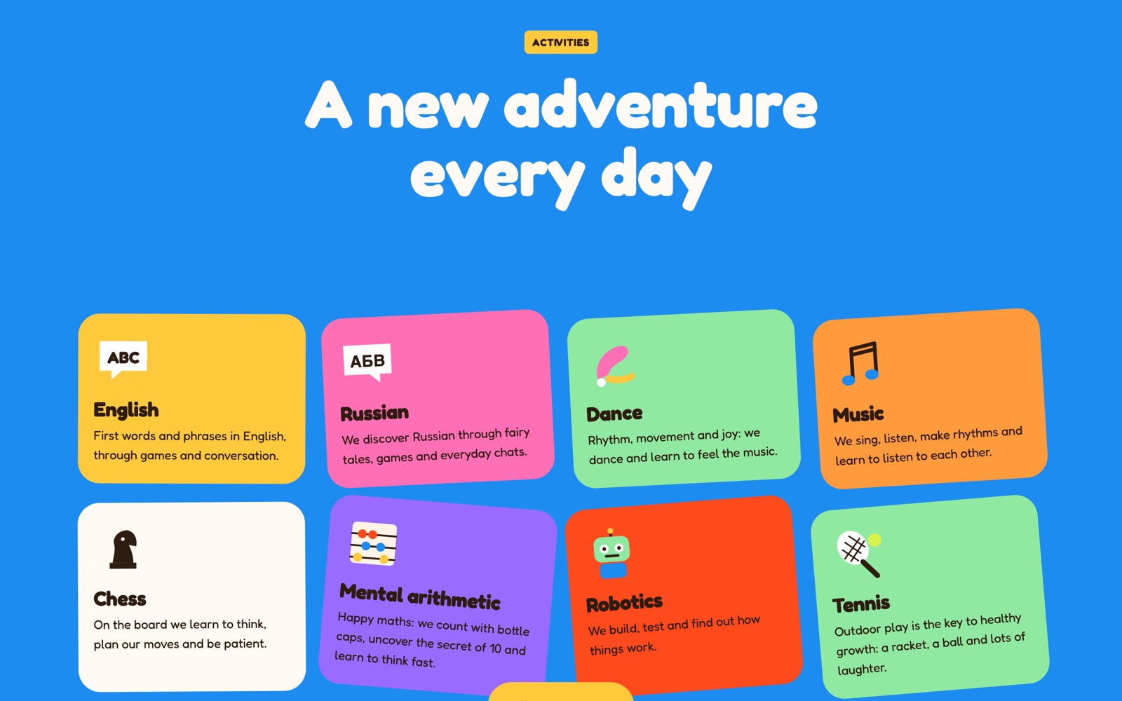 Activities grid of tilted colour cards for English, Russian, dance, music, chess, mental arithmetic, robotics and tennis
