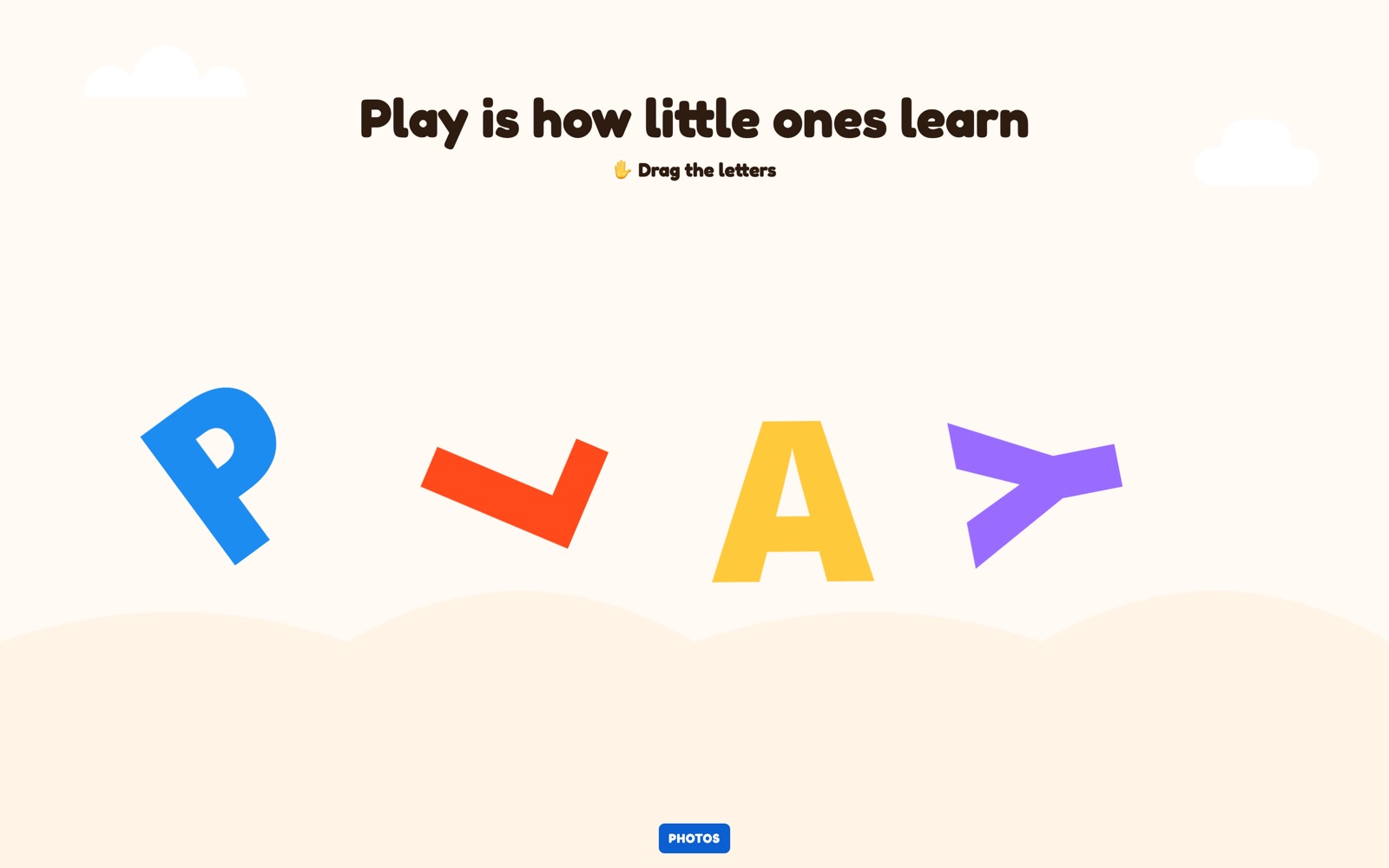 Play is how little ones learn section with large draggable letters spelling PLAY