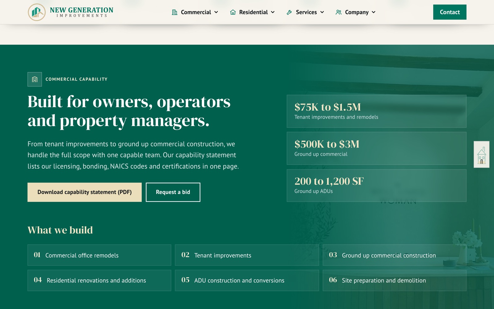 Deep green commercial capability section with project value ranges and a list of what the company builds