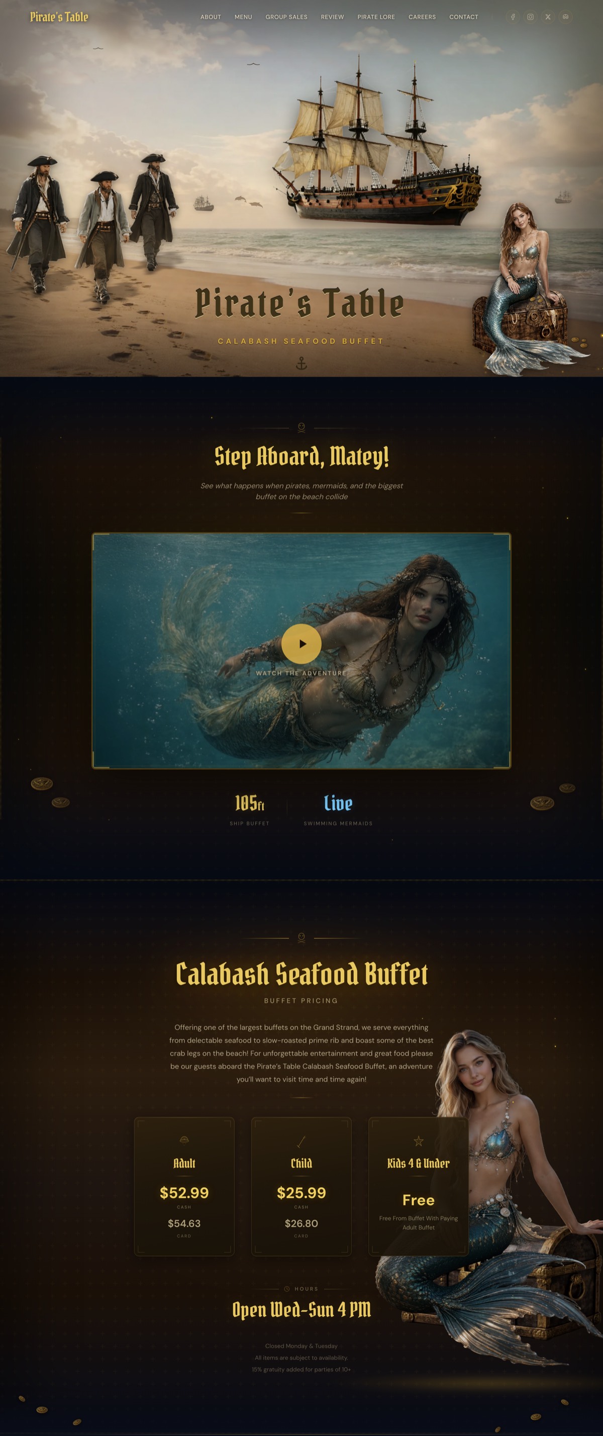 Full Pirate's Table homepage, from the beach hero through the video section and buffet pricing