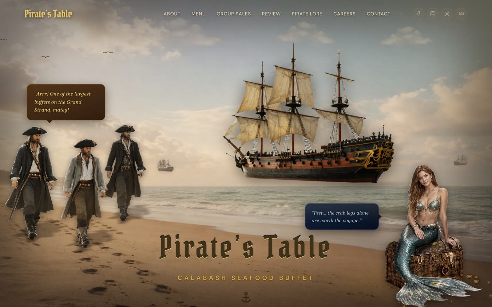Pirate's Table homepage hero: pirates walking a beach toward a galleon, with a mermaid seated on a treasure chest