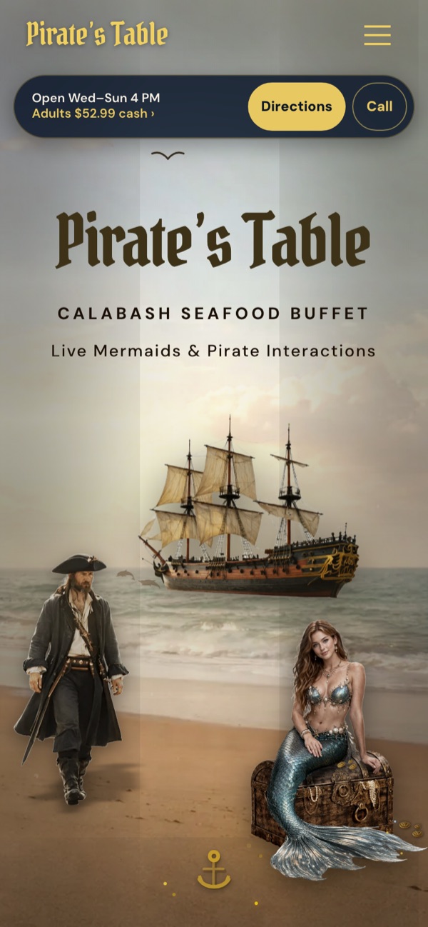 Pirate's Table homepage on mobile, with hours, price and directions in a quick-info strip above the hero