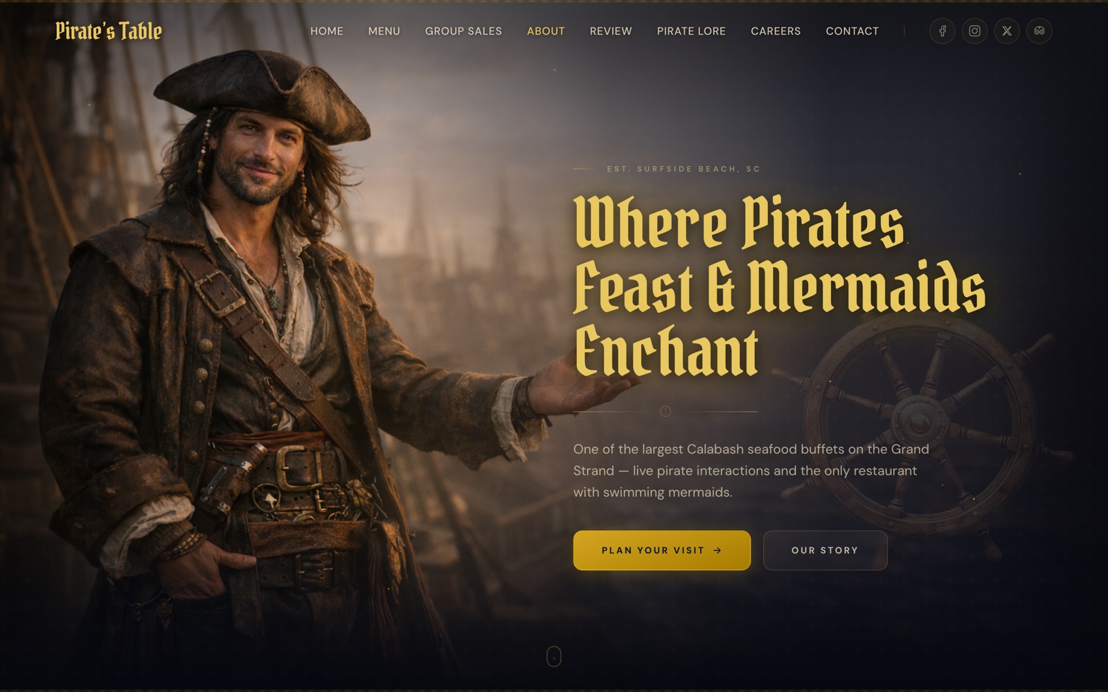 About page hero with a pirate captain and the headline Where Pirates Feast and Mermaids Enchant