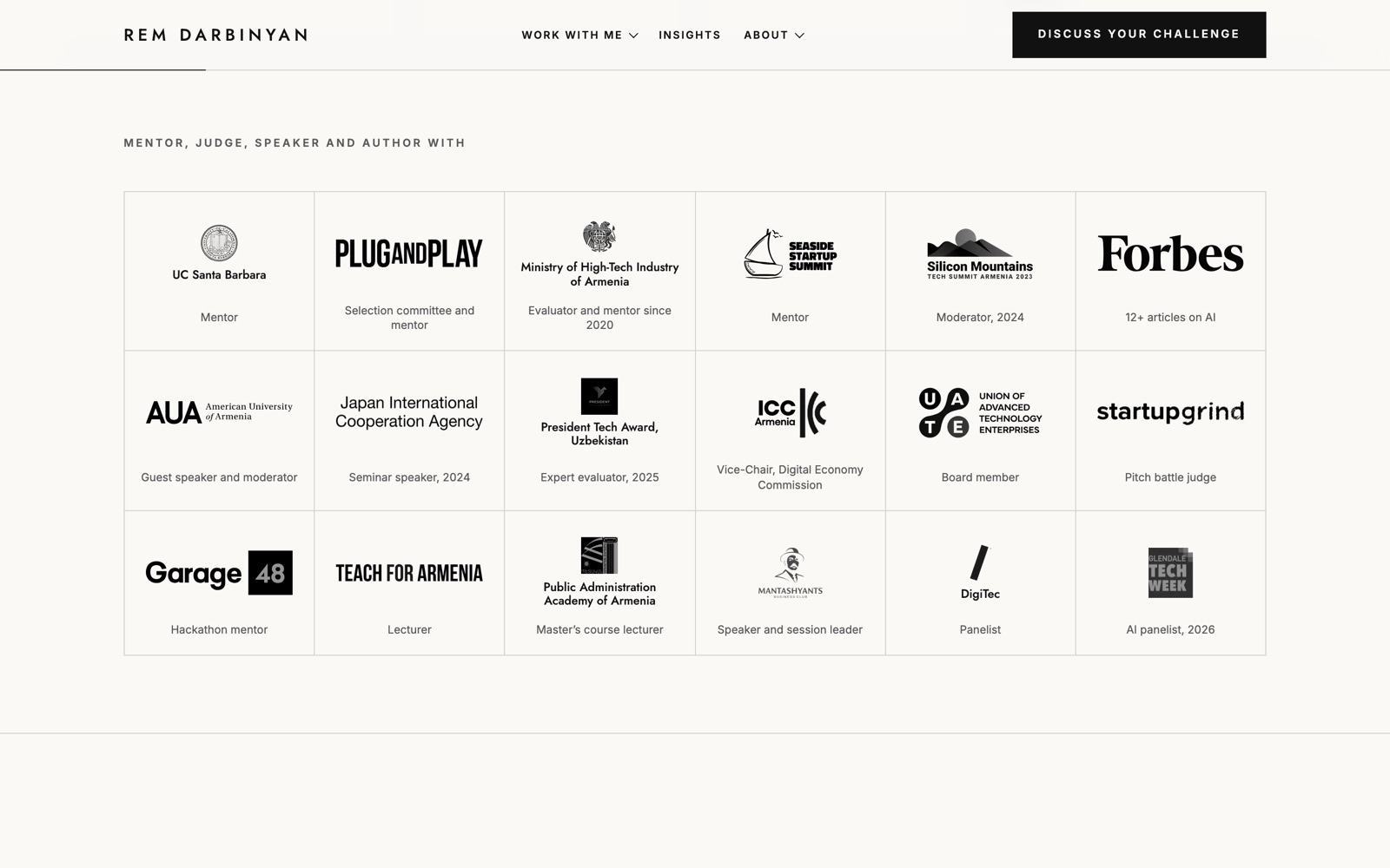 Grid of 18 organization logos in black and white, each labelled with Rem's role, such as mentor, panelist or lecturer