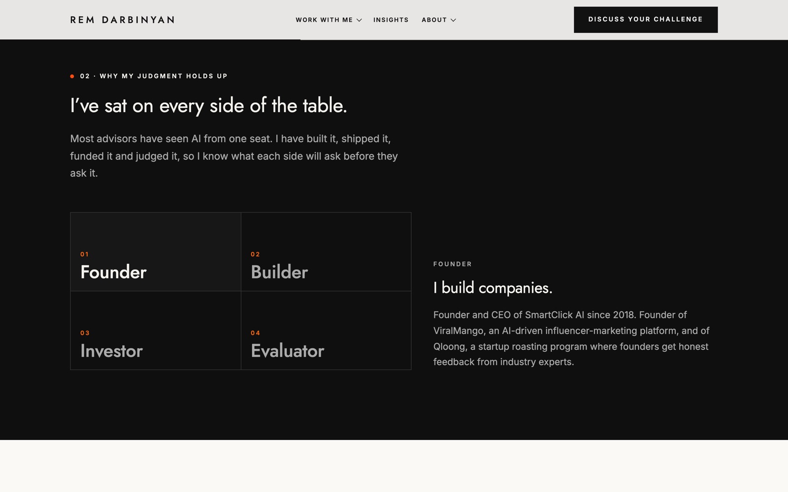 Dark section titled I've sat on every side of the table, with a selector for Founder, Builder, Investor and Evaluator