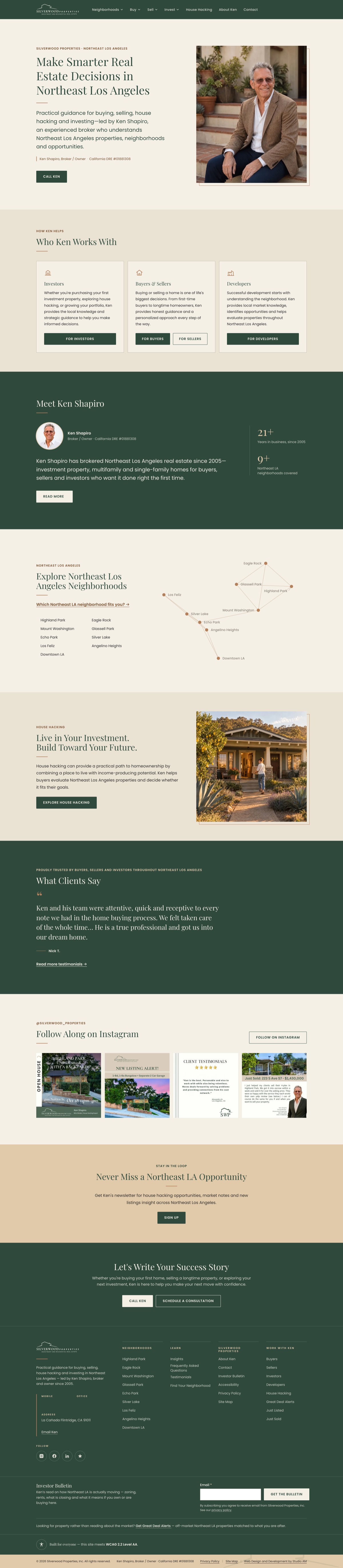 Full Silverwood Properties homepage: hero with Ken Shapiro, audience cards, neighborhood map, house hacking, testimonials, newsletter and footer