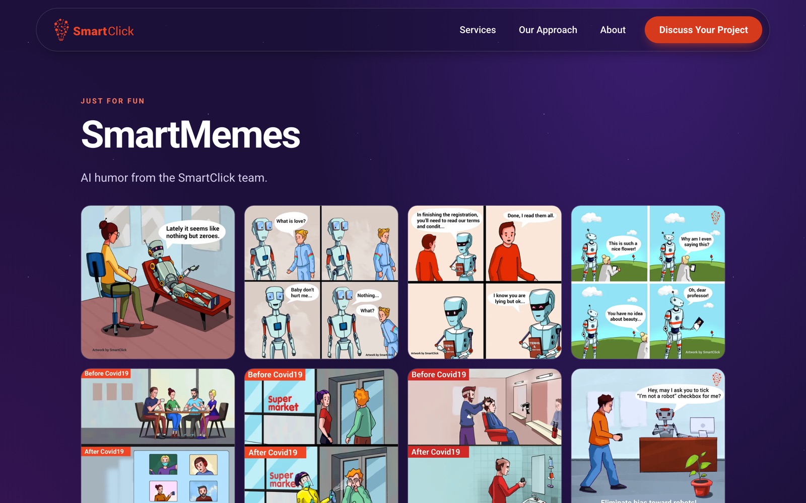 SmartMemes gallery of illustrated comics featuring the SmartClick robots