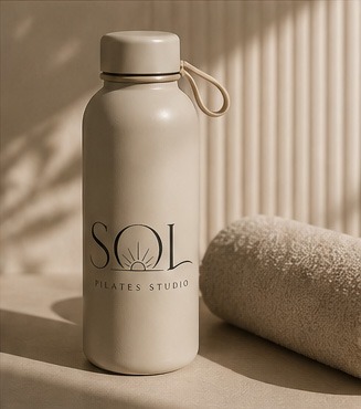 Sol Pilates branded water bottle and towel