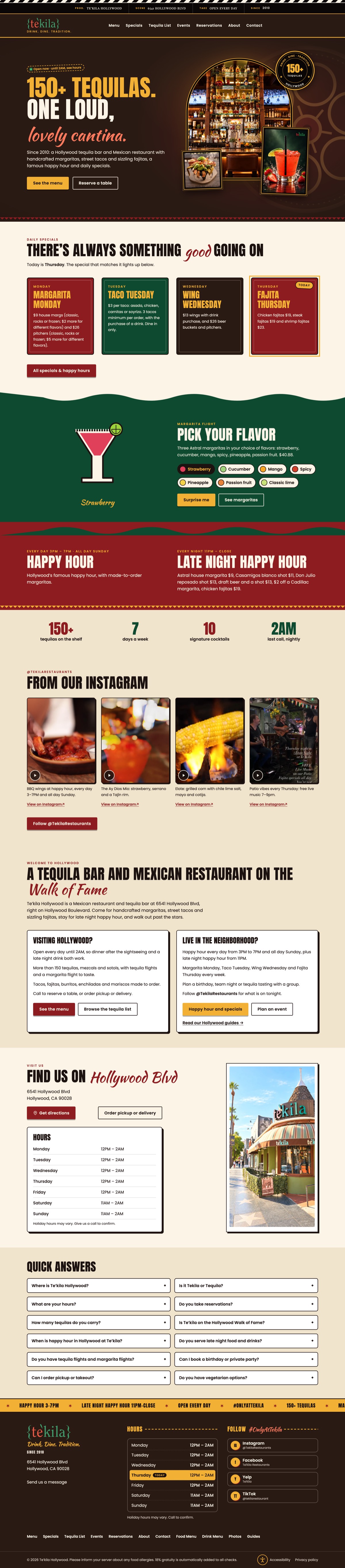 Full Te'kila Hollywood homepage, from the hero through daily specials, happy hour, Instagram and hours