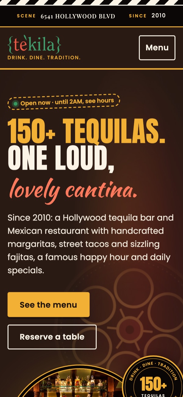Te'kila Hollywood homepage on mobile with the open-now badge and menu and reservation buttons