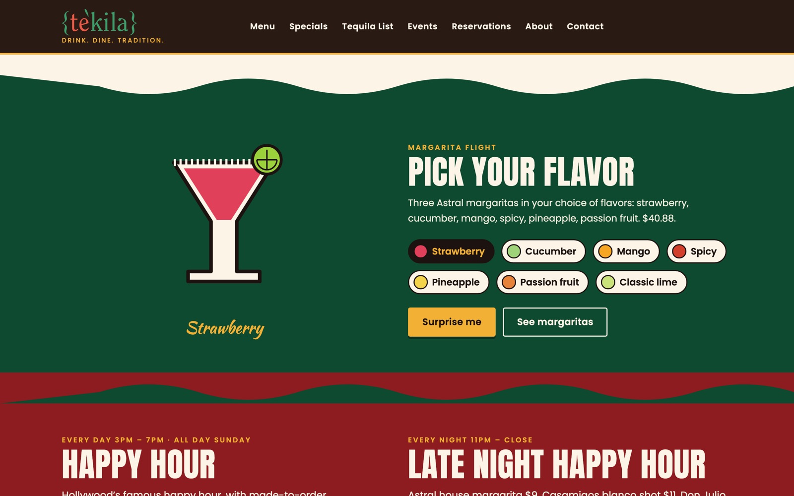 Pick Your Flavor margarita builder on green, with flavour chips and an illustrated glass