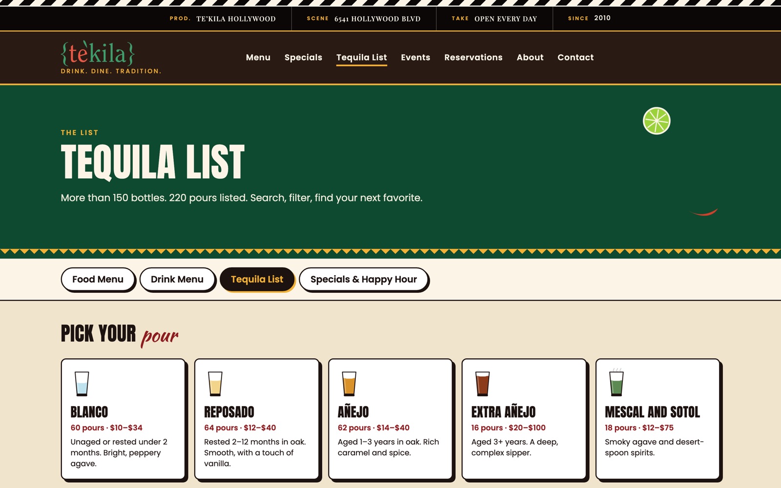 Tequila list page with tiles for blanco, reposado, añejo, extra añejo and mezcal