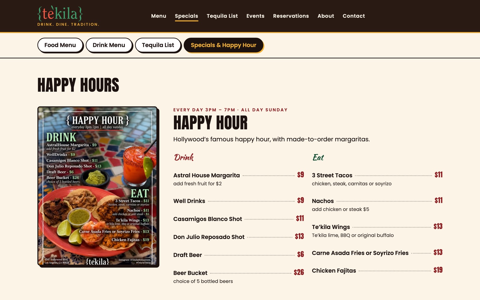 Specials page showing the happy hour flyer next to the same drink and food prices as text
