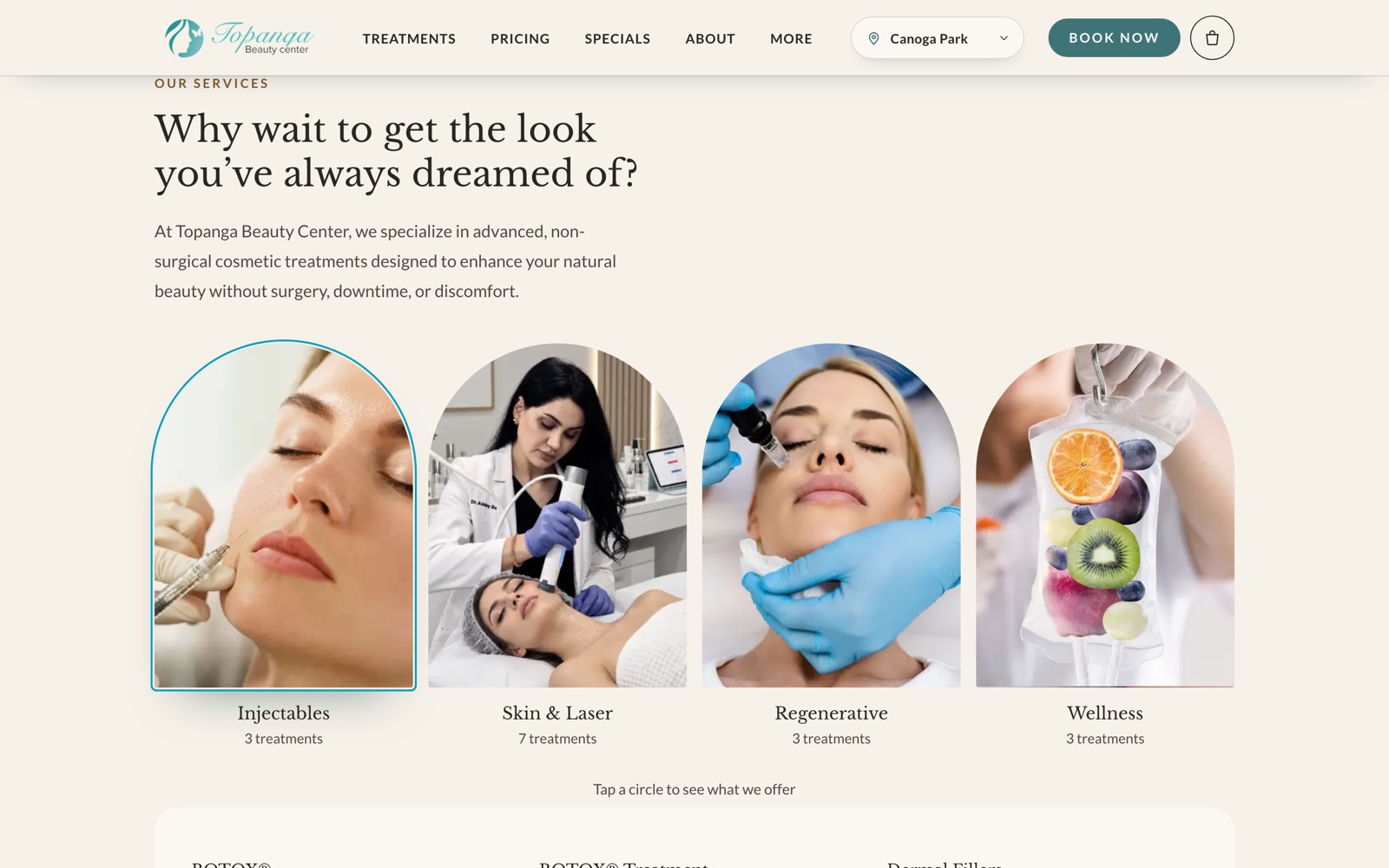 Services section with four arched photos for injectables, skin and laser, regenerative and wellness treatments