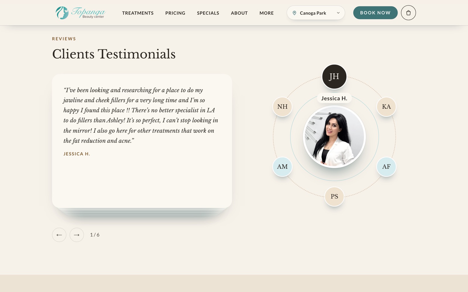 Client testimonials with a quote card and an orbit of reviewer initials
